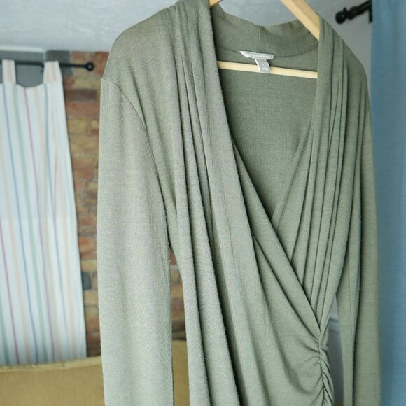 V Neck Long Sleeve Faux Wrap Stretch Knit Khaki Ruchin Dress - Picture 4 of 6